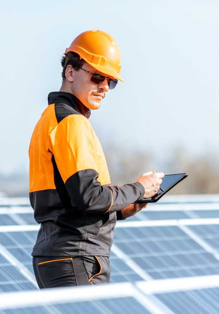 Engineer servicing solar panel on electric plant